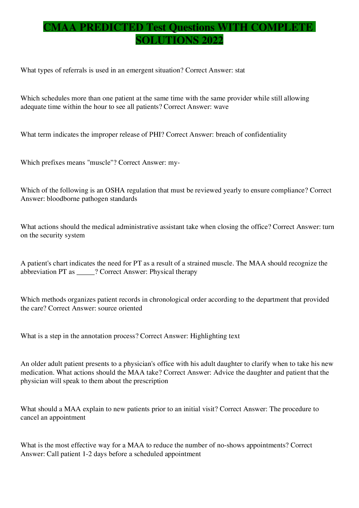 Preview image of CMAA PREDICTED Test Questions WITH COMPLETE SOLUTIONS 2022 document